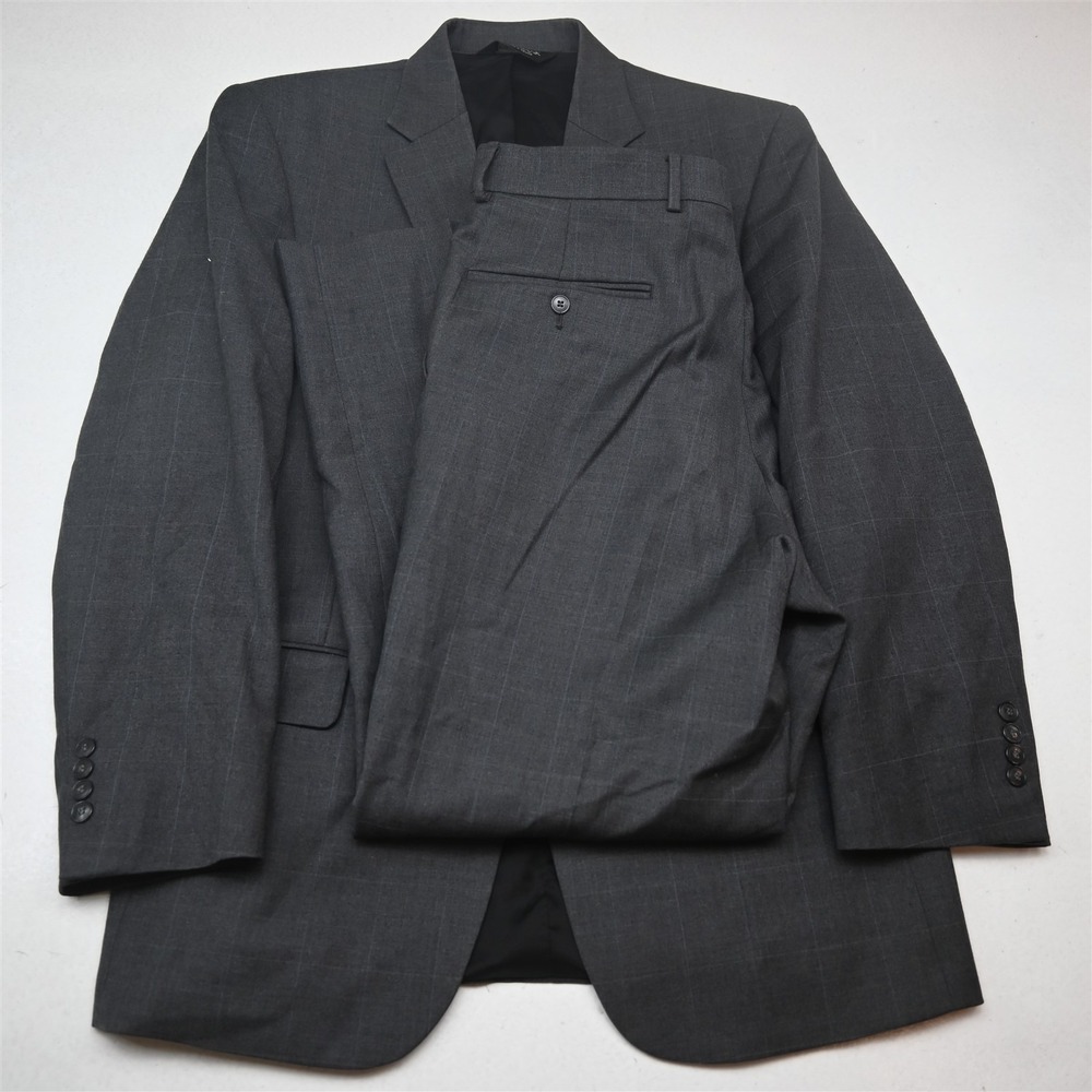 Jos A Bank 41R 34x30 Gray Windowpane 100% Wool Mens Jacket Pants Suit
